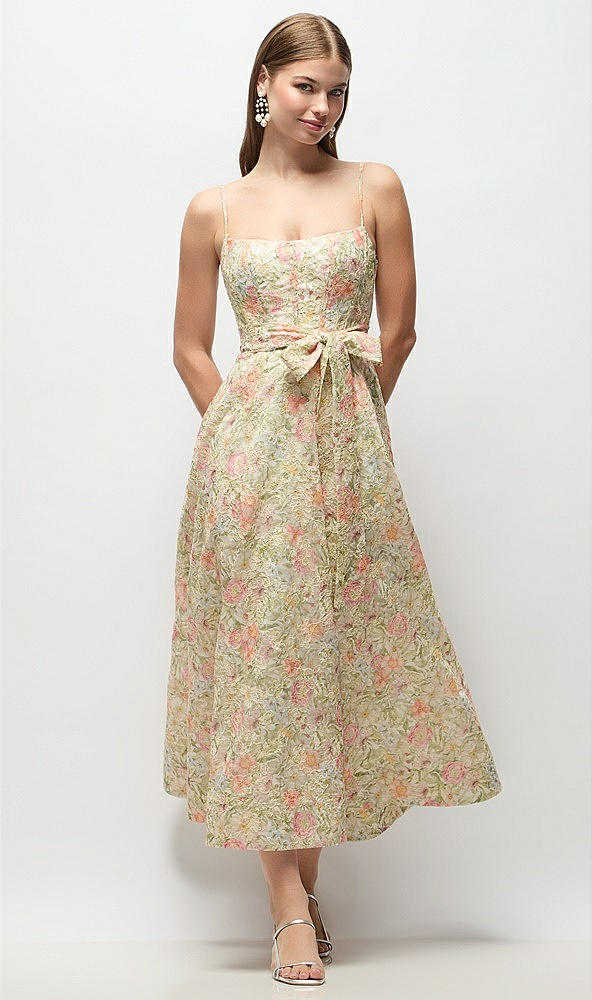Front View - Wildflower Multi Floral Re-Embroidered Voile Boned Corset Midi Dress with Sash