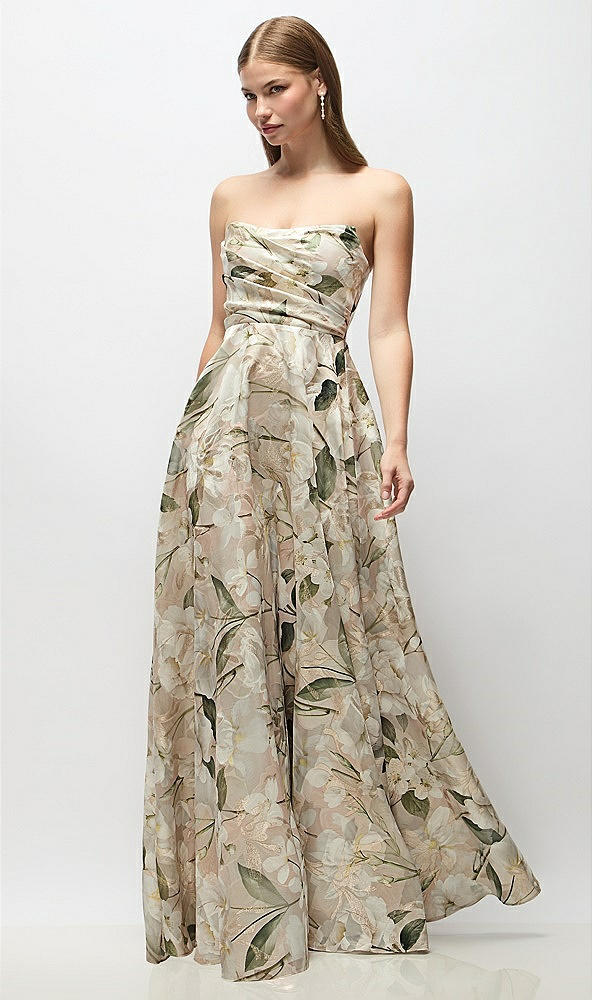 Front View - Plumeria Floral Print Strapless Metallic Organza Jacquard Maxi Dress with Draped Cat-Eye Bodice