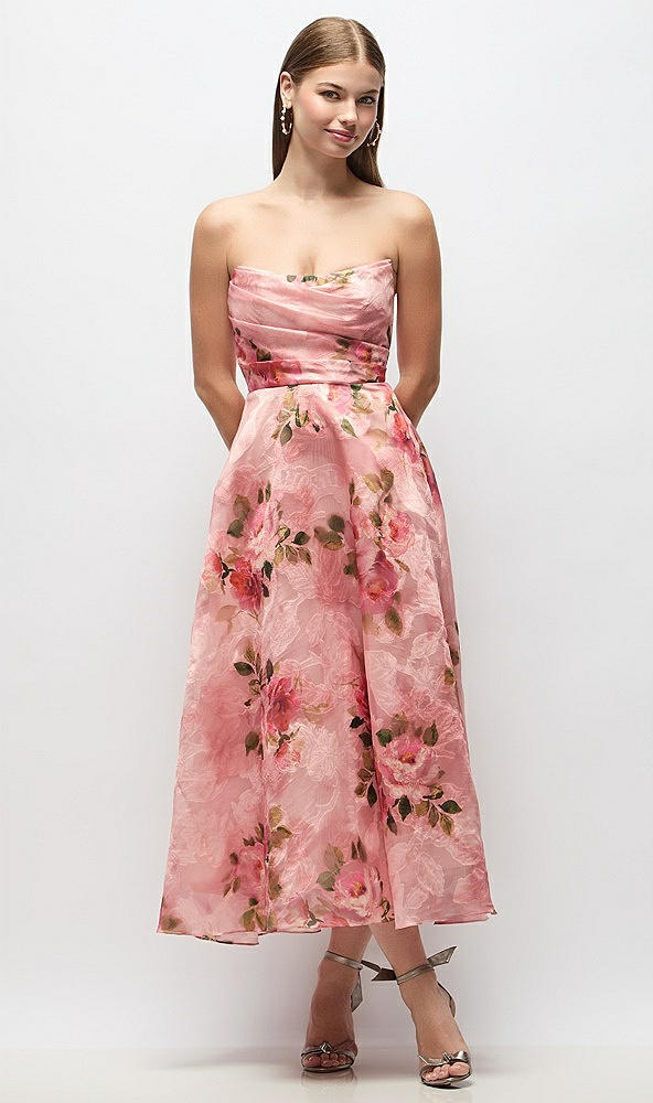 Front View - Guava Floral Print Strapless Organza Jacquard Midi Dress with Draped Cat-Eye Bodice
