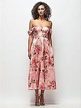 Front View Thumbnail - Guava Floral Print Strapless Organza Jacquard Bustier Midi Dress with Off-the-Shoulder Swags