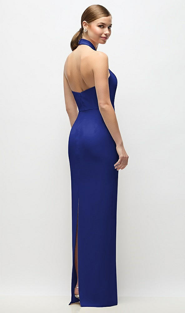 Back View - Cobalt Blue Criss-Cross Halter Open-Back Crepe Column Maxi Dress