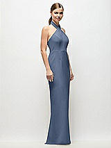 Side View Thumbnail - Larkspur Blue Criss-Cross Halter Open-Back Crepe Column Maxi Dress