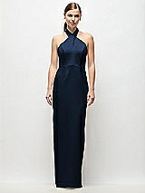 Front View Thumbnail - Midnight Navy Criss-Cross Halter Open-Back Crepe Column Maxi Dress