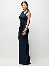 Side View Thumbnail - Midnight Navy Asymmetrical Cap Sleeve Matte Jersey Column Maxi Dress with Fanned Ruching