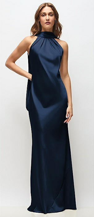 Draped Scarf Halter Open-Back Stretch Satin Bias Maxi Dress with Adjustable Straps
