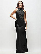 Front View Thumbnail - Black Draped Scarf Halter Open-Back Stretch Satin Bias Maxi Dress with Adjustable Straps