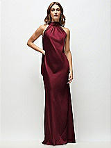 Front View Thumbnail - Cabernet Draped Scarf Halter Open-Back Stretch Satin Bias Maxi Dress with Adjustable Straps