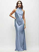 Front View Thumbnail - Cloudy Draped Scarf Halter Open-Back Stretch Satin Bias Maxi Dress with Adjustable Straps
