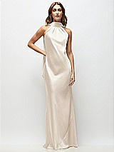 Front View Thumbnail - Oat Draped Scarf Halter Open-Back Stretch Satin Bias Maxi Dress with Adjustable Straps