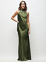 Front View Thumbnail - Olive Green Draped Scarf Halter Open-Back Stretch Satin Bias Maxi Dress with Adjustable Straps