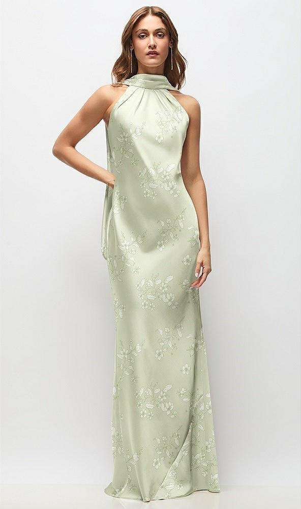 Front View - Vintage Primrose Celadon Draped Scarf Halter Open-Back Floral Stretch Satin Bias Maxi Dress with Adjustable Straps