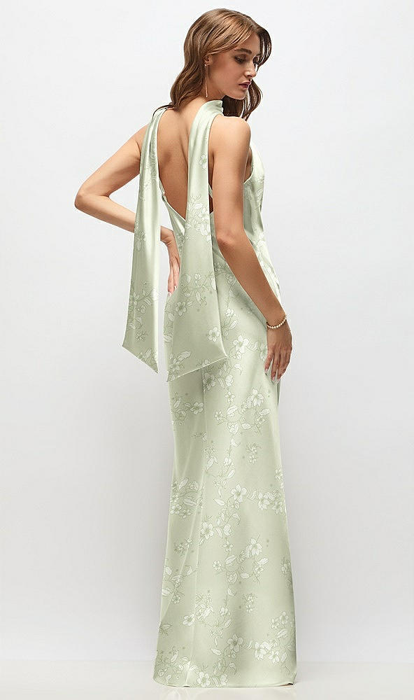 Back View - Vintage Primrose Celadon Draped Scarf Halter Open-Back Floral Stretch Satin Bias Maxi Dress with Adjustable Straps