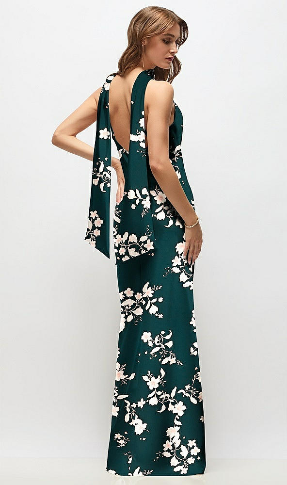 Back View - Vintage Primrose Evergreen Draped Scarf Halter Open-Back Floral Stretch Satin Bias Maxi Dress with Adjustable Straps