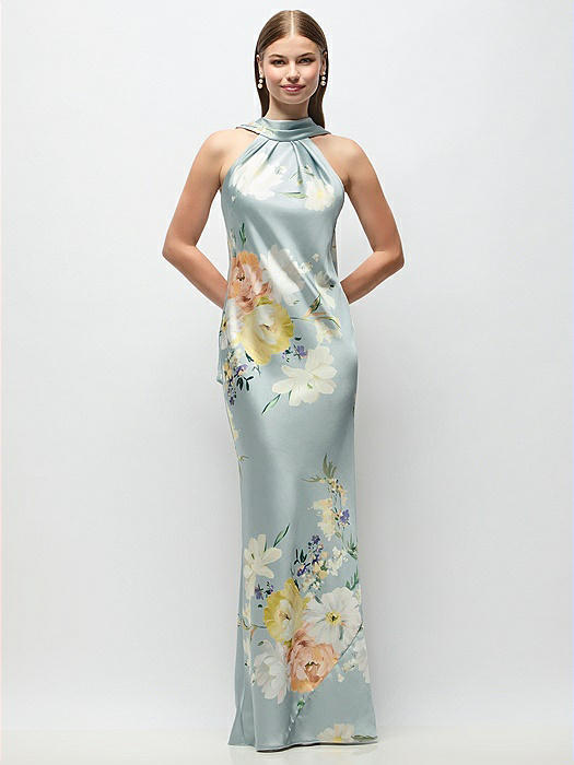 Draped Scarf Halter Open-Back Painterly Floral Stretch Satin Bias Maxi Dress with Adjustable Straps