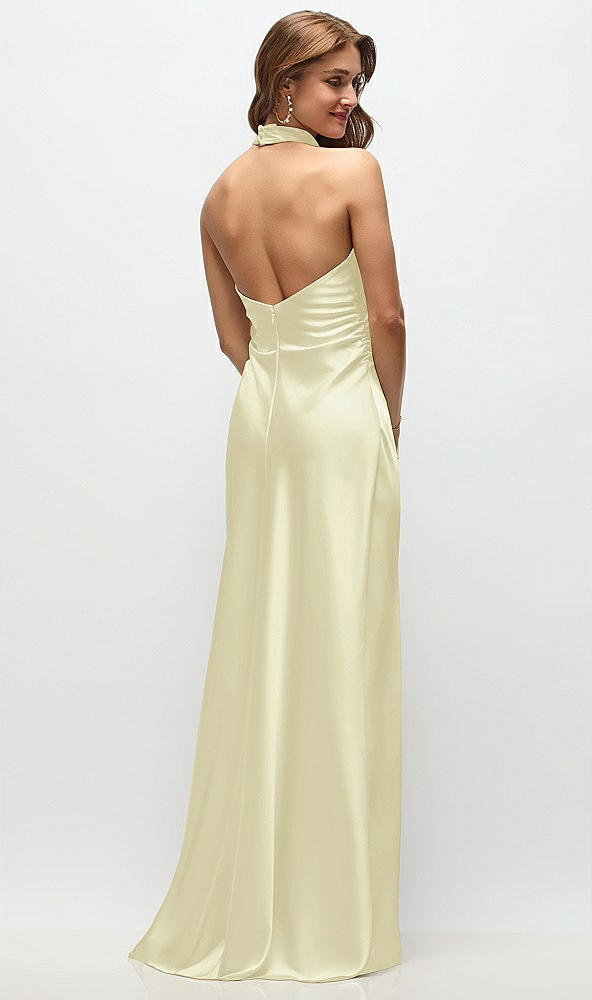 Back View - Butter Yellow High Cowl Neck Open-Back Stretch Satin Bias Maxi Dress