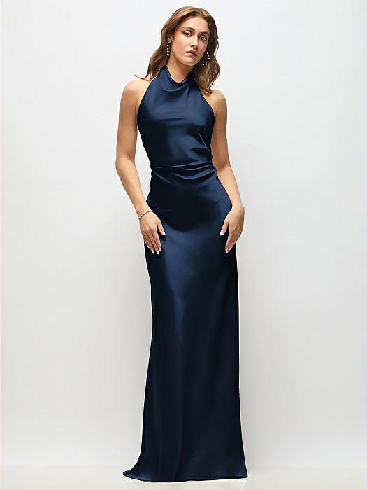 High Cowl Neck Open-Back Stretch Satin Bias Maxi Dress