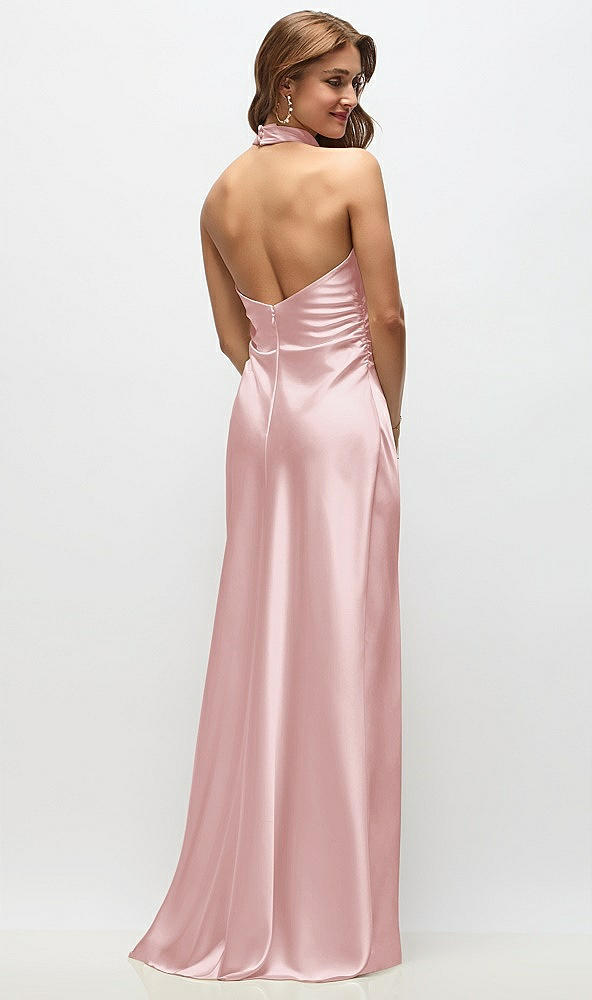 Back View - Ballet Pink High Cowl Neck Open-Back Stretch Satin Bias Maxi Dress