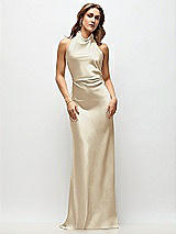 Front View Thumbnail - Champagne High Cowl Neck Open-Back Stretch Satin Bias Maxi Dress