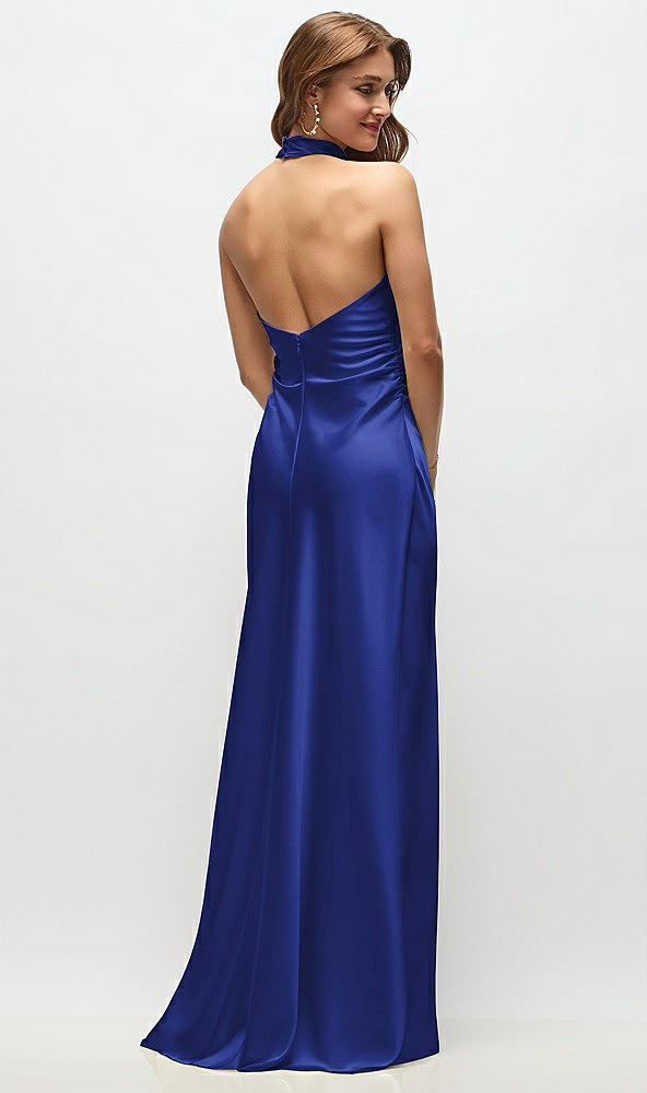 Back View - Cobalt Blue High Cowl Neck Open-Back Stretch Satin Bias Maxi Dress