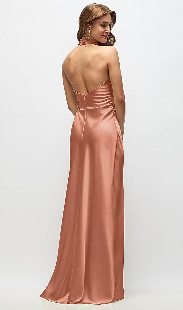Back View - Copper Penny High Cowl Neck Open-Back Stretch Satin Bias Maxi Dress