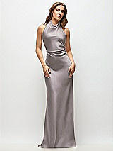Front View Thumbnail - Cashmere Gray High Cowl Neck Open-Back Stretch Satin Bias Maxi Dress