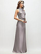 Side View Thumbnail - Cashmere Gray High Cowl Neck Open-Back Stretch Satin Bias Maxi Dress