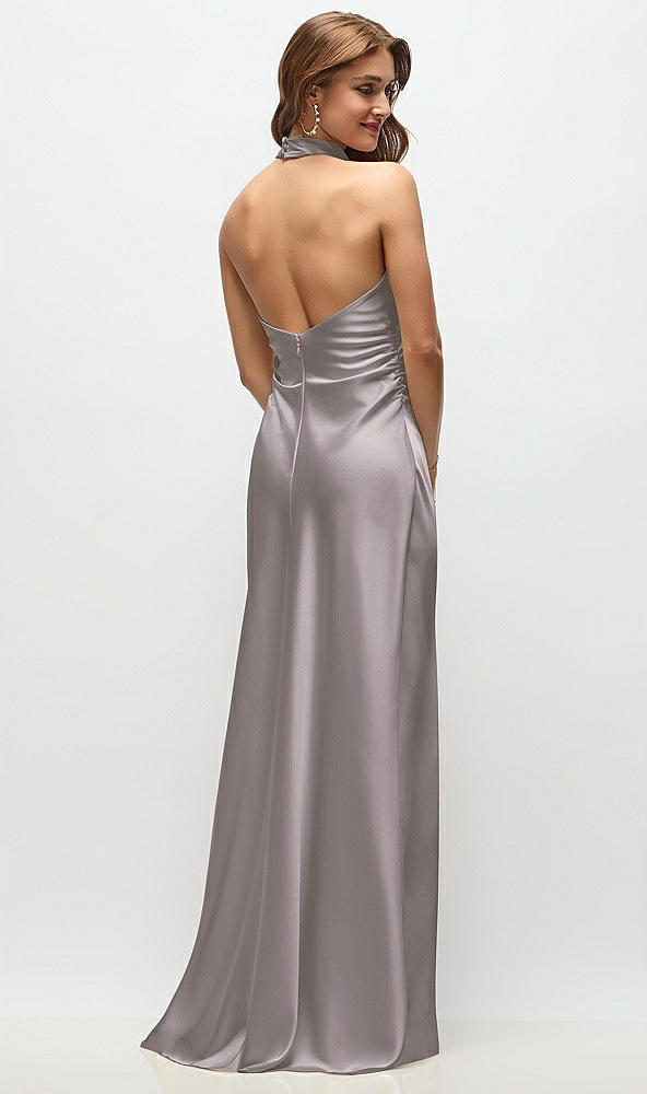 Back View - Cashmere Gray High Cowl Neck Open-Back Stretch Satin Bias Maxi Dress