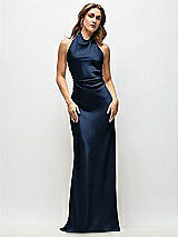 Front View Thumbnail - Midnight Navy High Cowl Neck Open-Back Stretch Satin Bias Maxi Dress
