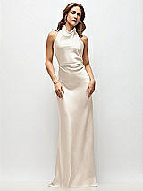 Front View Thumbnail - Oat High Cowl Neck Open-Back Stretch Satin Bias Maxi Dress