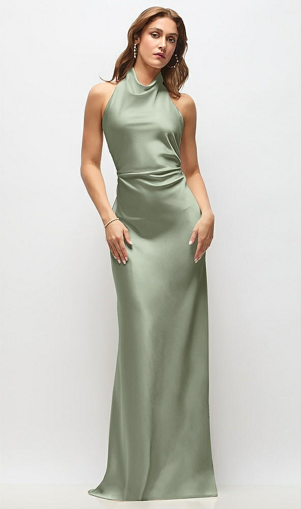 Front View - Sage High Cowl Neck Open-Back Stretch Satin Bias Maxi Dress