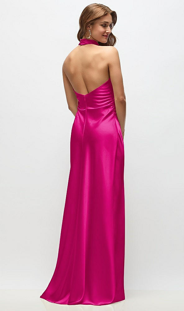 Back View - Think Pink High Cowl Neck Open-Back Stretch Satin Bias Maxi Dress