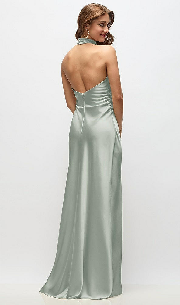 Back View - Willow Green High Cowl Neck Open-Back Stretch Satin Bias Maxi Dress