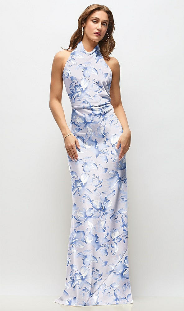 Front View - Magnolia Sky High Cowl Neck Open-Back Floral Stretch Satin Bias Maxi Dress