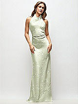 Front View Thumbnail - Vintage Primrose Celadon High Cowl Neck Open-Back Floral Stretch Satin Bias Maxi Dress
