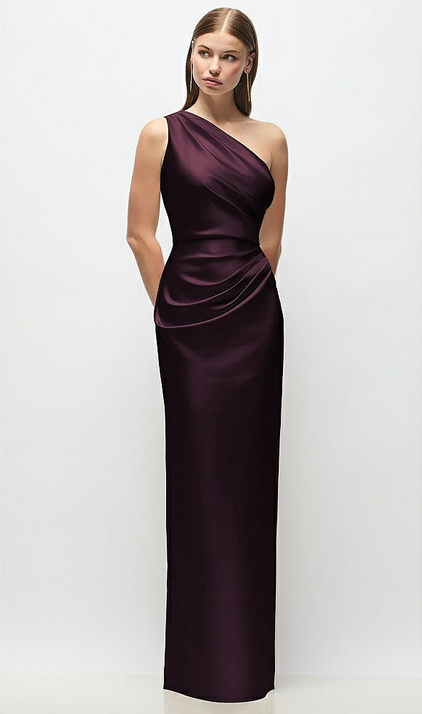 Front View - Deep Plum One-Shoulder Draped Bodice Stretch Satin Column Maxi Dress