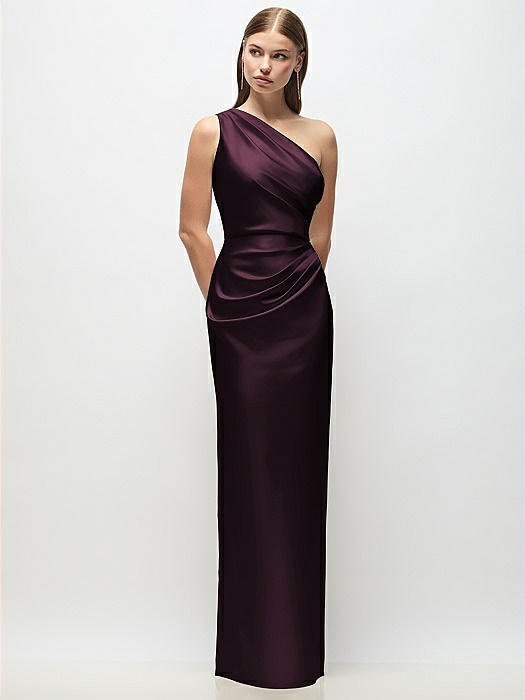 One-Shoulder Draped Bodice Stretch Satin Column Maxi Dress