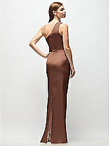 Rear View Thumbnail - Cognac One-Shoulder Draped Bodice Stretch Satin Column Maxi Dress