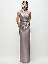 Front View Thumbnail - Cashmere Gray One-Shoulder Draped Bodice Stretch Satin Column Maxi Dress