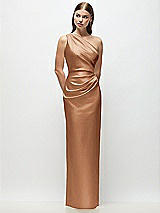 Front View Thumbnail - Toffee One-Shoulder Draped Bodice Stretch Satin Column Maxi Dress