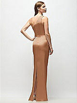 Rear View Thumbnail - Toffee One-Shoulder Draped Bodice Stretch Satin Column Maxi Dress