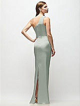Rear View Thumbnail - Willow Green One-Shoulder Draped Bodice Stretch Satin Column Maxi Dress
