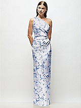 Front View Thumbnail - Magnolia Sky One-Shoulder Draped Bodice Floral Stretch Satin Column Maxi Dress