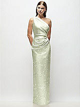 Front View Thumbnail - Vintage Primrose Celadon One-Shoulder Draped Bodice Floral Stretch Satin Column Maxi Dress