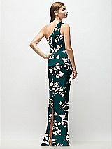 Rear View Thumbnail - Vintage Primrose Evergreen One-Shoulder Draped Bodice Floral Stretch Satin Column Maxi Dress