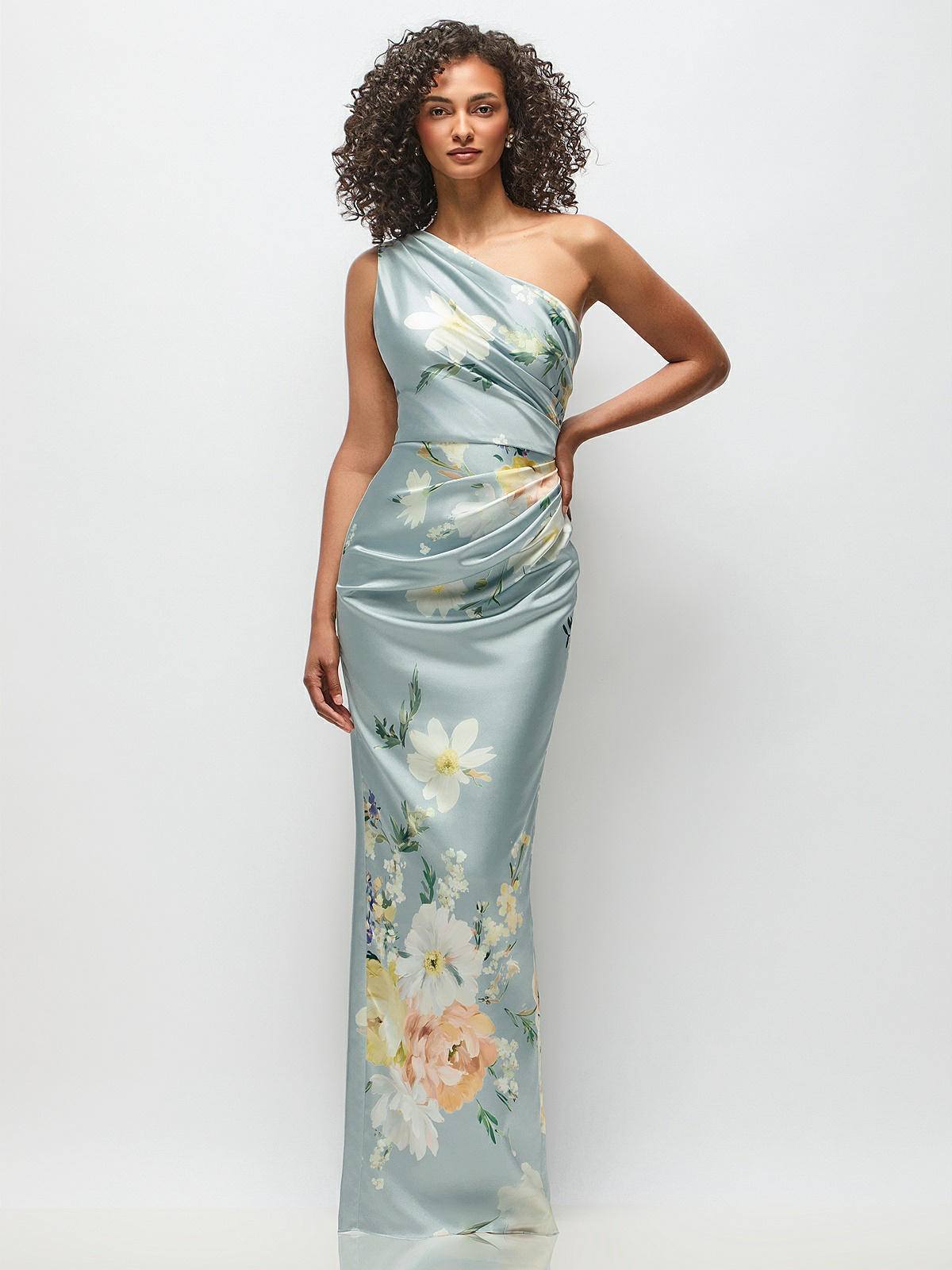 One-shoulder Draped Bodice Painterly Floral Stretch Satin Column