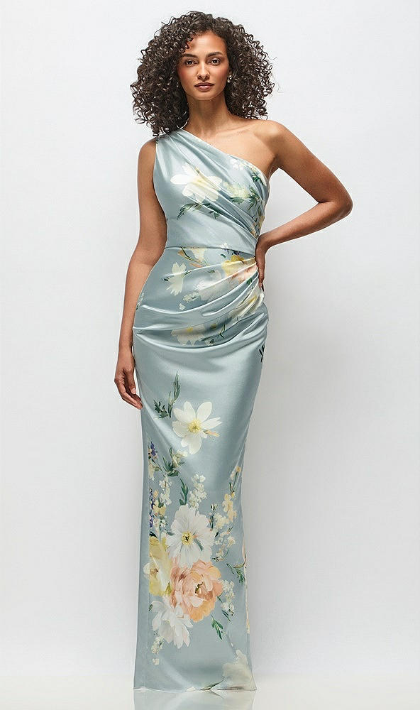 Front View - Mist Multi One-Shoulder Draped Bodice Painterly Floral Stretch Satin Column Maxi Dress