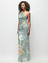 Side View Thumbnail - Mist Multi One-Shoulder Draped Bodice Painterly Floral Stretch Satin Column Maxi Dress