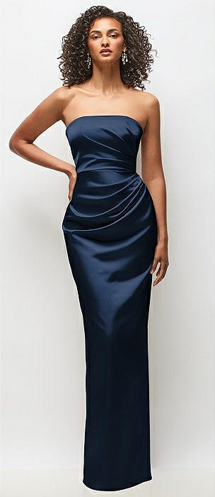 Strapless Draped Bodice Stretch Satin Column Maxi Dress