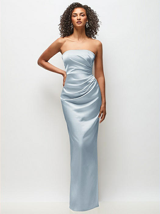 Strapless Draped Bodice Stretch Satin Column Maxi Dress