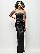Front View Thumbnail - Black Strapless Draped Bodice Stretch Satin Column Maxi Dress